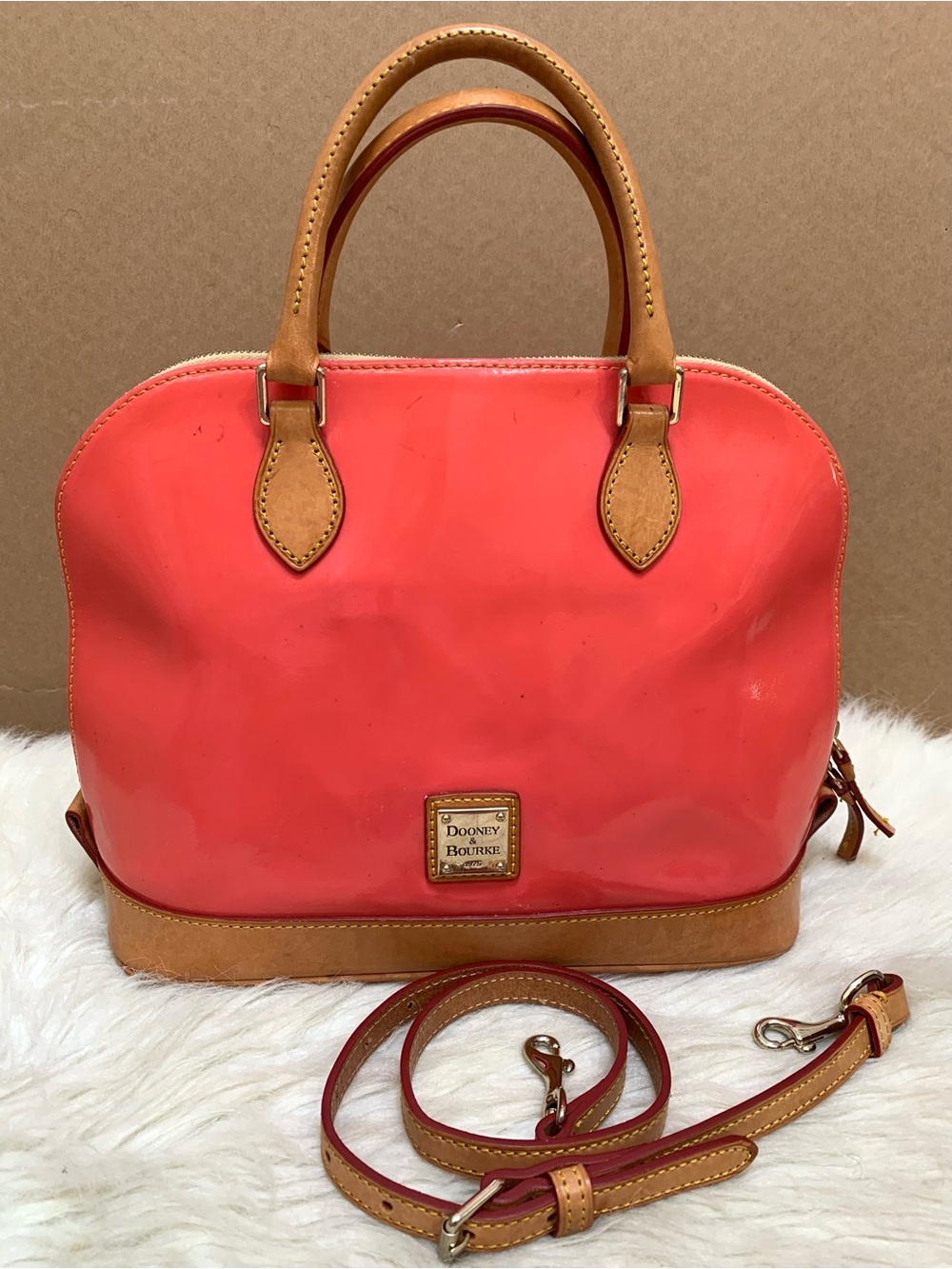 Dooney & Bourke Coral Patent Leather ZIP ZIP Domed Satchel Vintage w/Strap
